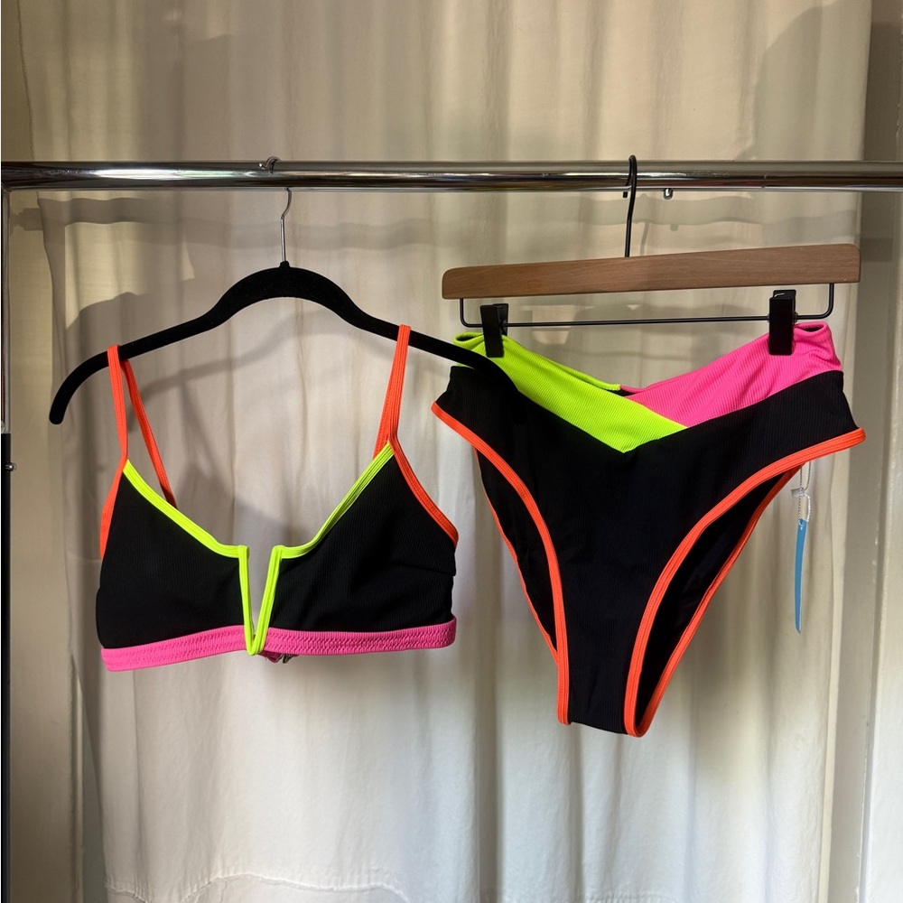 Neon-Trim Black Bikini Set with Pink & Lime Accents - Women